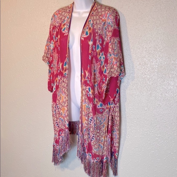 Chico's Blue and Pink Kimono with Fringe Detail - Picture 12 of 14